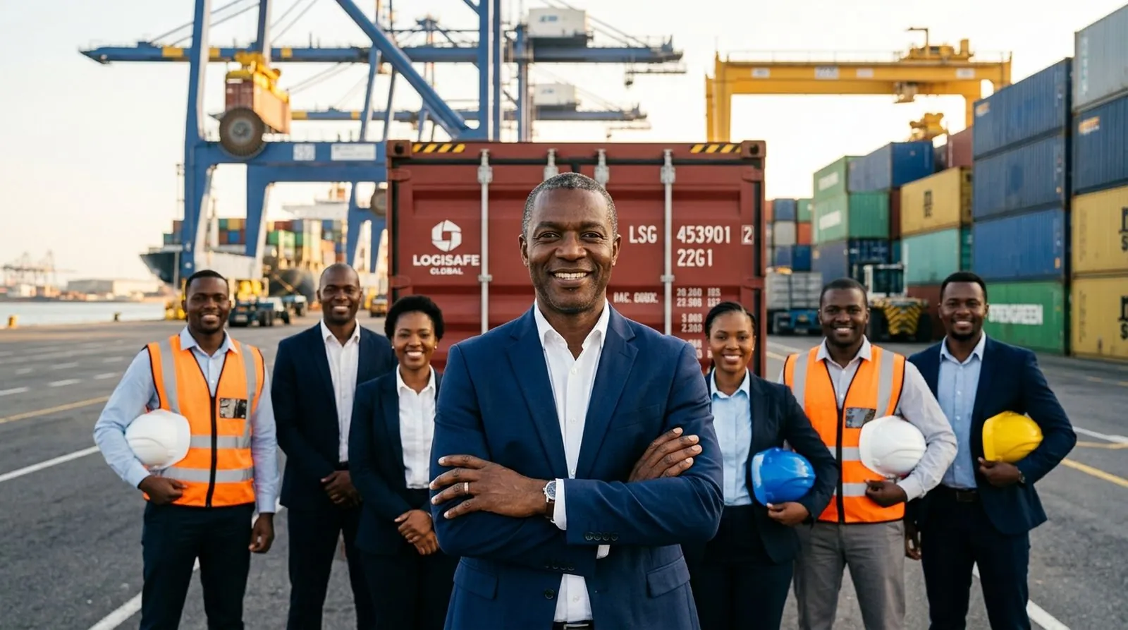 Une équipe en tenue de travail et casques de chantier devant un conteneur, sur un terminal portuaire