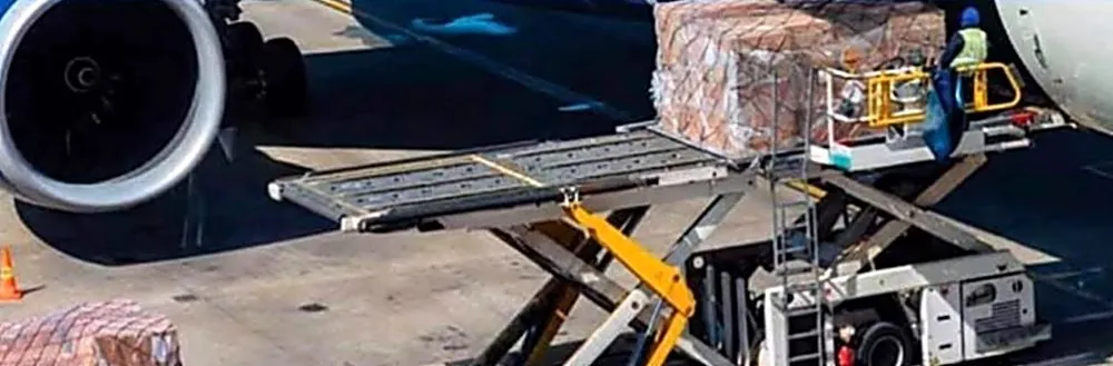 Palette de colis filmés hissée par une plateforme élévatrice jusqu’à la soute d’un avion-cargo, sur le tarmac